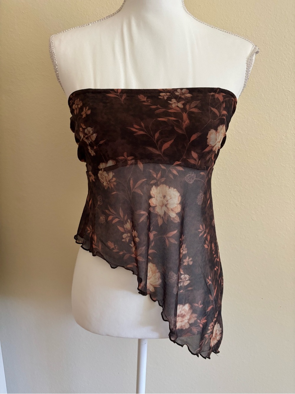 Floral Sheer Asymmetric Strapless Crop Top - Brown - Picture 1 of 4